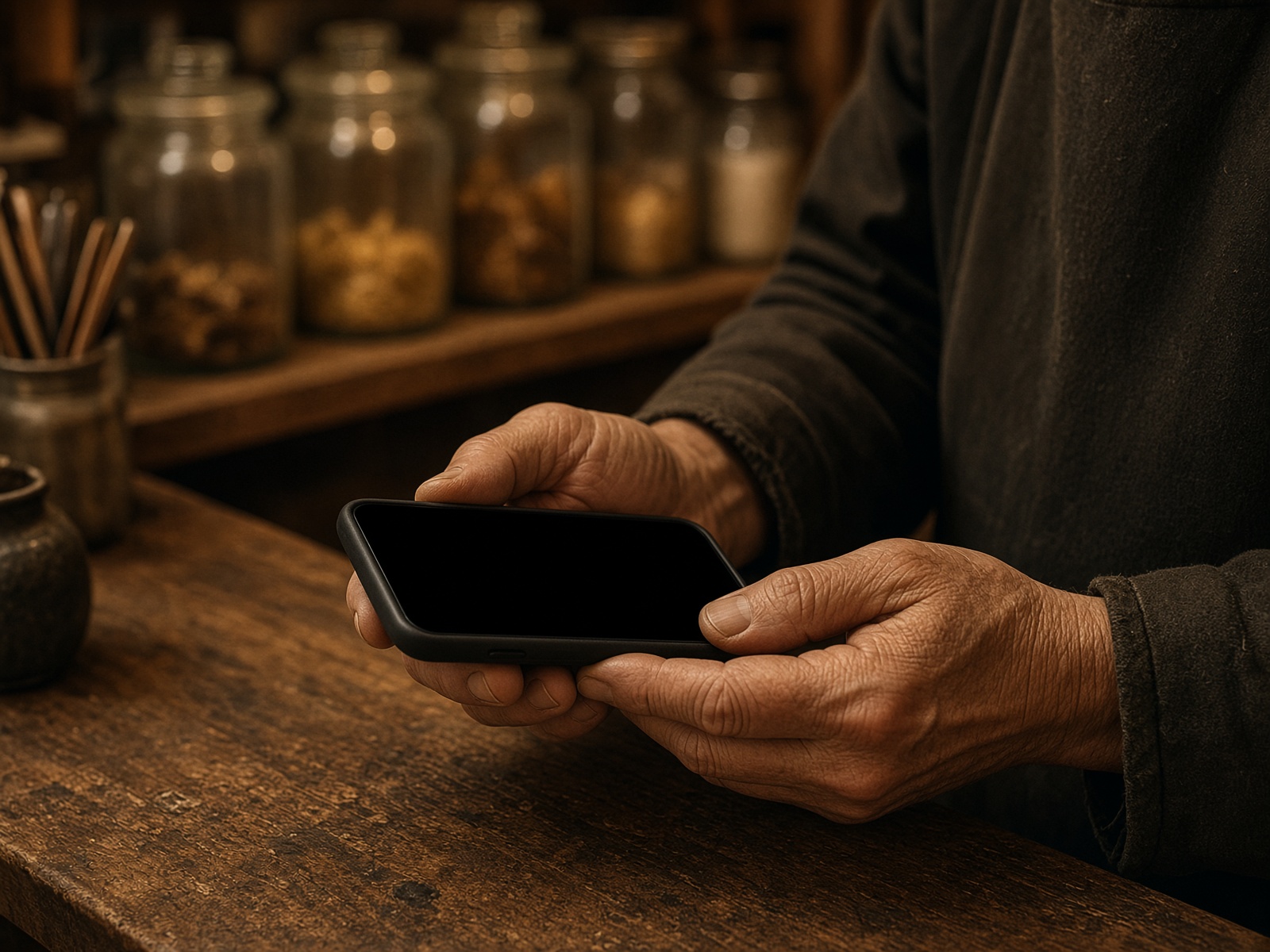 Hands holding a phone at the shop counter