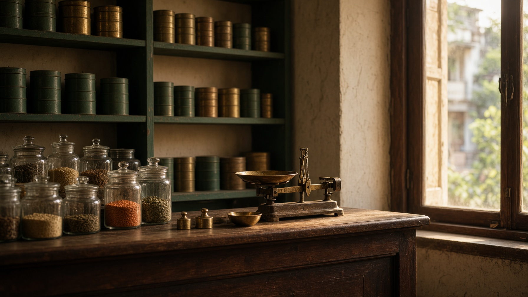 A quiet provision shop counter at late afternoon